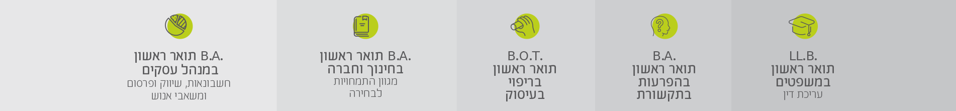 אייקונים של תואר ראשון במשפטים + תואר ראשון בהפרעות בתקשורת + תואר ראשון בריפוי בעיסוק + תואר ראשון בחינוך וחברה + תואר ראשון במנהל עסקים